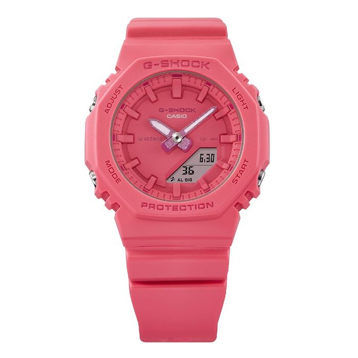 Relógio G-Shock cor-de-rosa com mostrador analógico e pequeno ecrã digital.