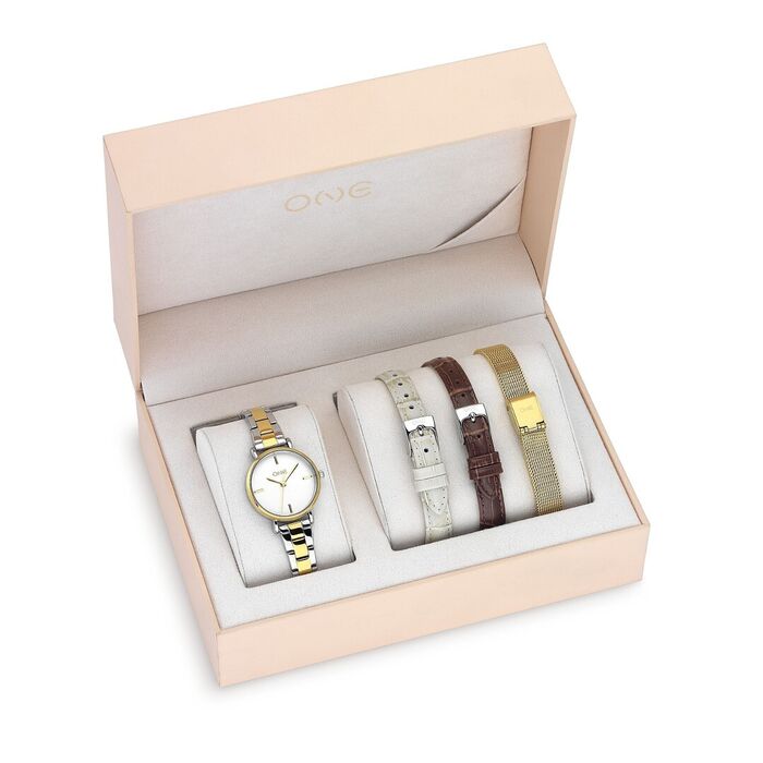 Estojo rosa com relógio bicolor prateado e dourado e 3 braceletes: branca, castanha e aço dour​ado