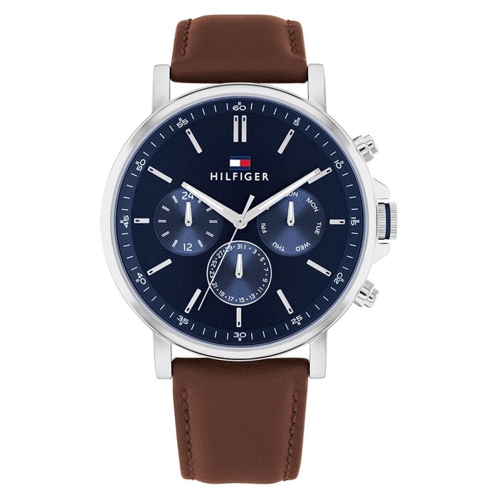 Relógio Tommy Hilfiger com mostrador azul, função de calendário e bracelete castanha.