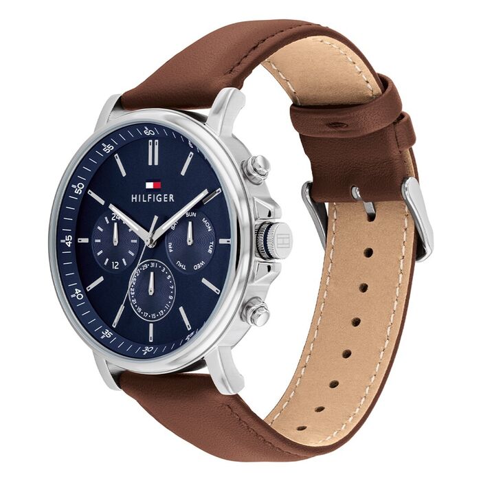Relógio Tommy Hilfiger com mostrador azul, função de calendário e bracelete castanha.