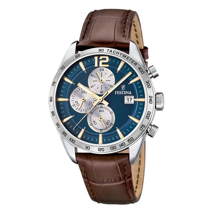 Relógio Festina com bracelete pele castanha e caixa prateada, mostrador estilo cronógrafo azul