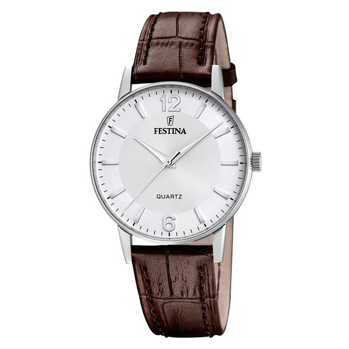 Relógio masculino Festina com caixa prateada e mostrador branco, com bracelete pele castanha
