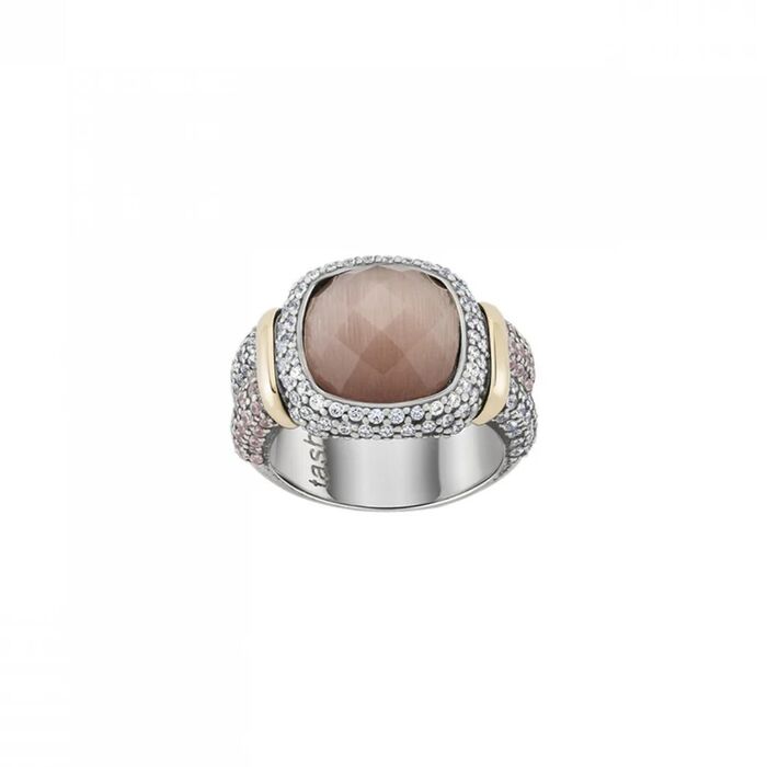 Anel feminino prata e ouro de 9k com pedra rosa cravada no topo e zircónias brancas e rosa ao redor