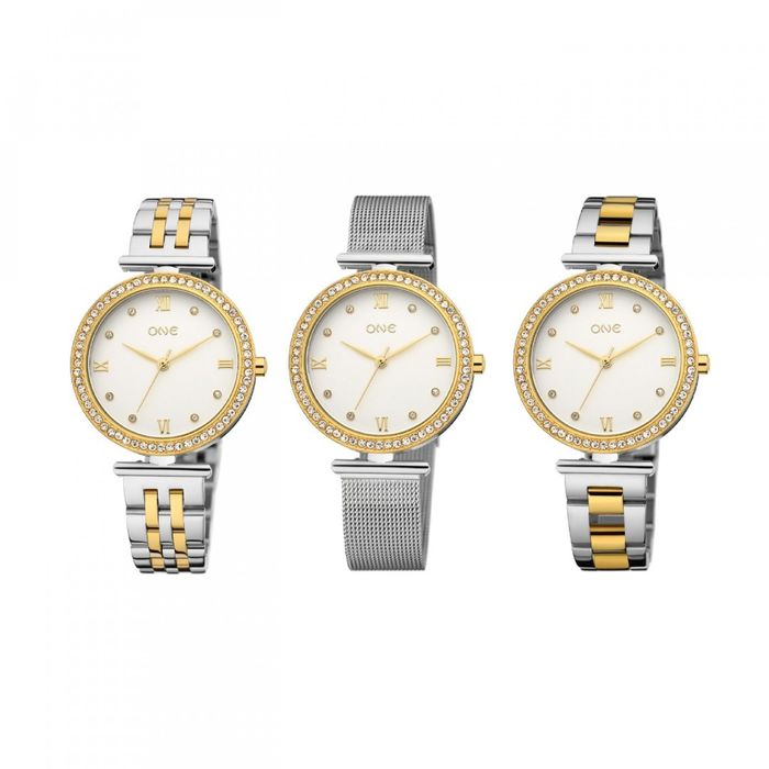 Três modelos de relógio prateado e dourado com pedras no mostrador e braceletes metal mesh e elos