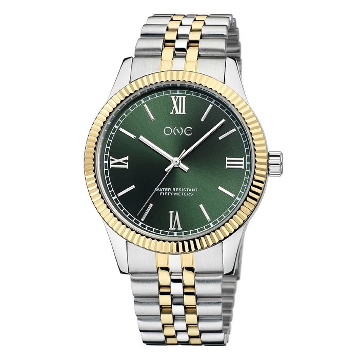 Relógio masculino com bracelete em aço dourado e prateado de mostrador verde e bisel dourado