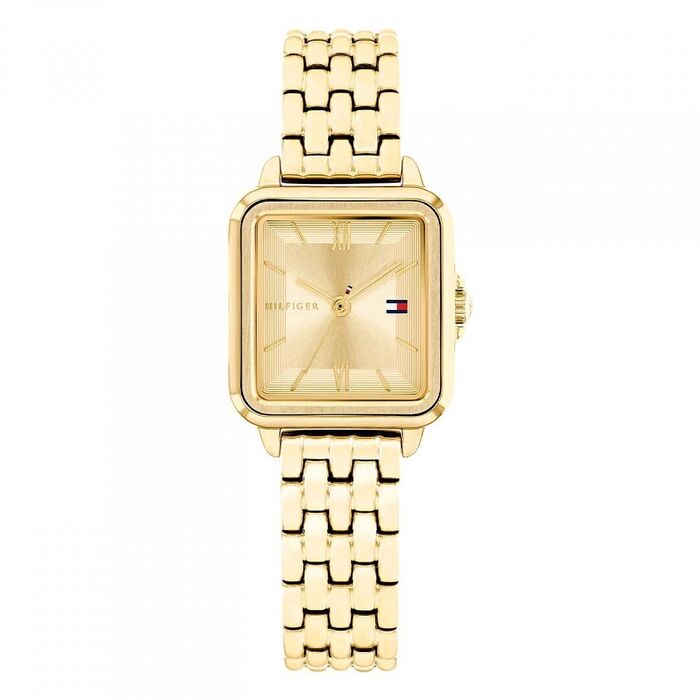 Relógio Tommy Hilfiger com bracelete, caixa em aço dourado, com o mostrador quadrado.