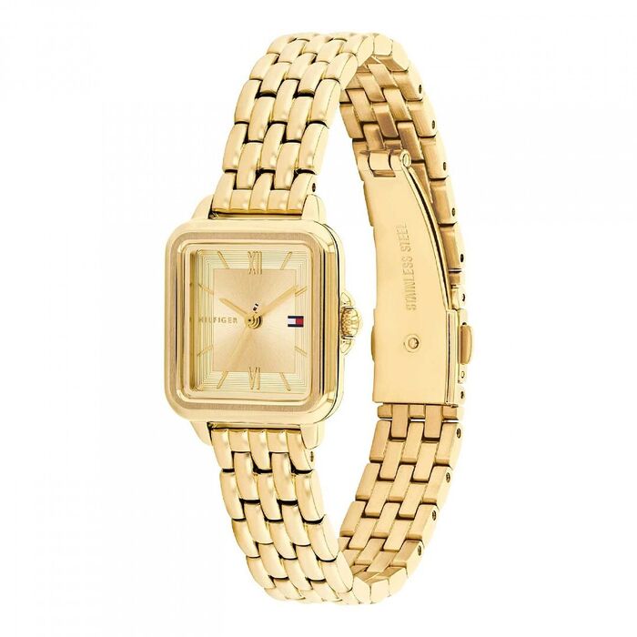 Relógio Tommy Hilfiger com bracelete, caixa em aço dourado, com o mostrador quadrado.
