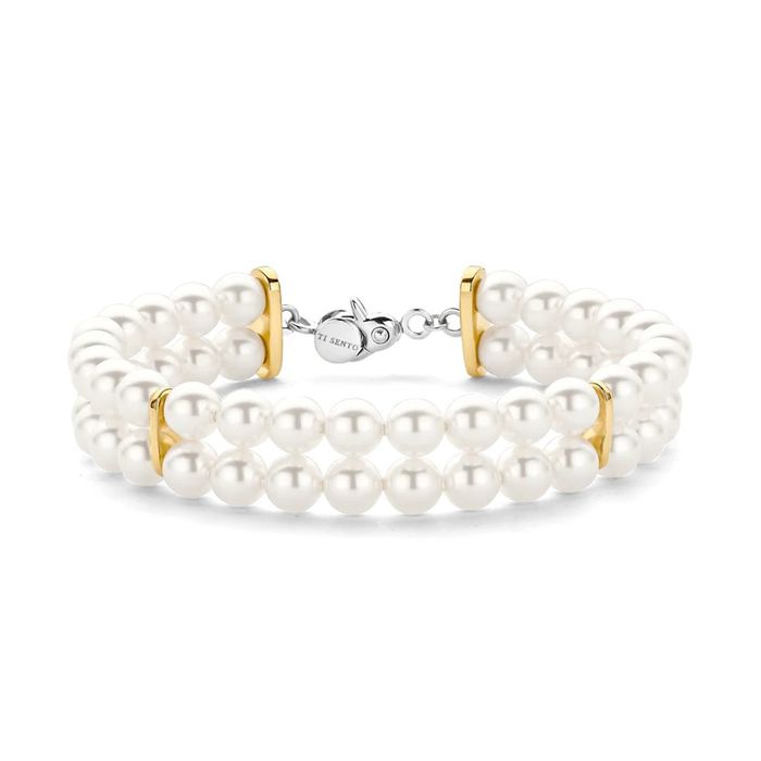 Pulseira de pérolas com dupla fileira de pérolas intercaladas com pequenas barras douradas