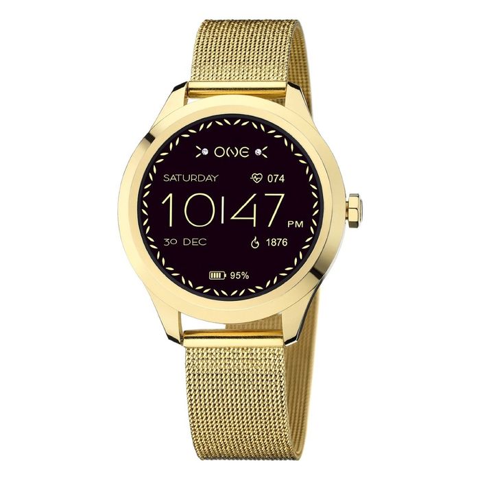 Smartwatch feminino da One, com caixa e bracelete douradas e mostrador redondo.