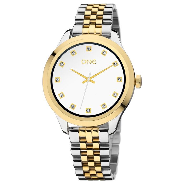 Relógio Smartwatch One de senhora, com caixa prateada e bracelete bicolor dourada e prateada