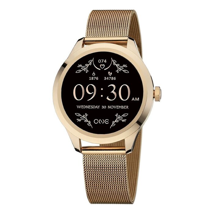 Smartwatch feminino da One, modelo com bracelete e caixa de tom rose gold e bracelete milanesa.