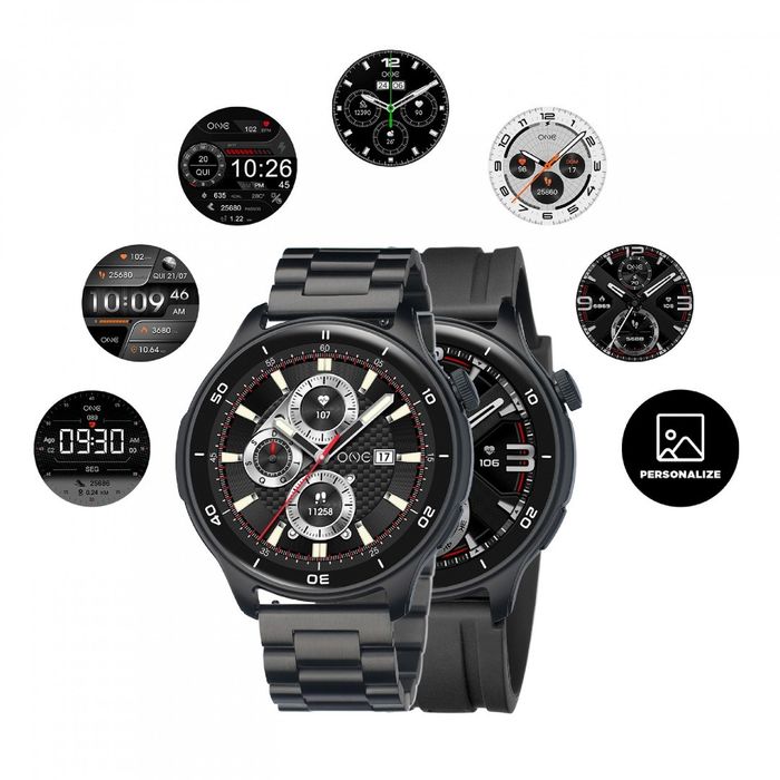 Smartwatches homem One, em aço e silicone, com diferentes funções apresentadas em círculos à volta.