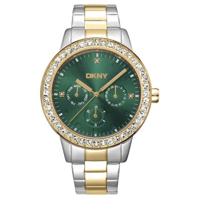 Relógio feminino da DKNY em aço dourado e prateado, com mostrador cor verde e brilhantes no aro.