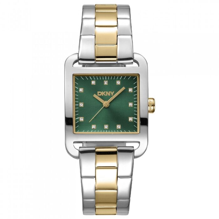Relógio feminino da DKNY, bracelete em aço prateado e dourado, com caixa quadrada e mostrador verde.