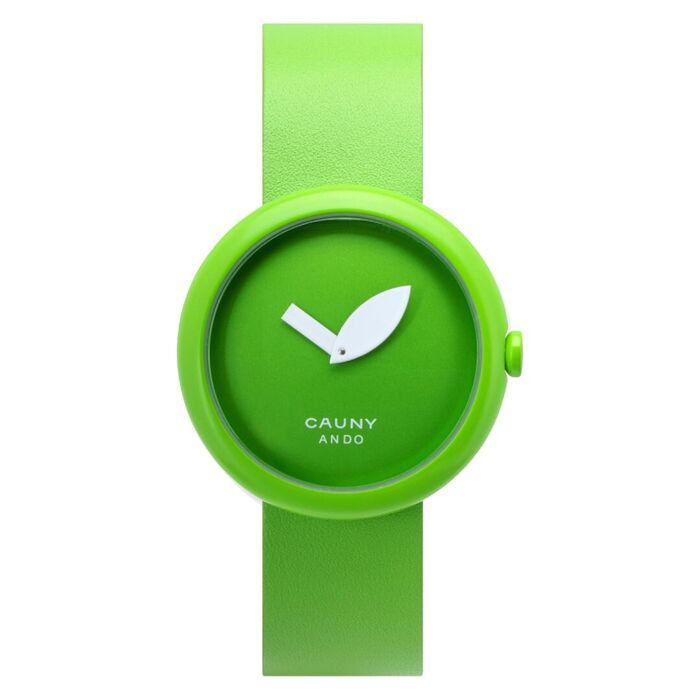 Relógio Cauny de bracelete verde em pele, caixa verde redonda e ponteiros em forma folha de maça