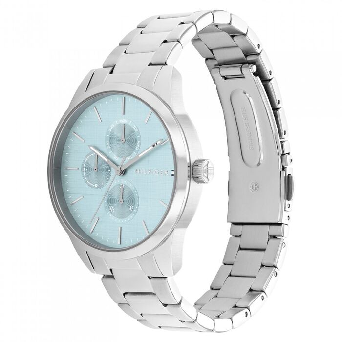 Relógio TOMMY HILFIGER com mostrador azul com função de calendário, caixa e bracelete em prateado.