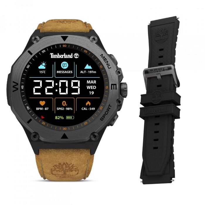 Relógio inteligente Timberland com bracelete pele castanha e adicional em silicone preto