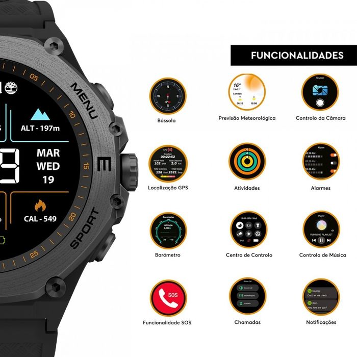 Relógio inteligente Timberland com bracelete silicone preta com exemplos de várias funcionalidades