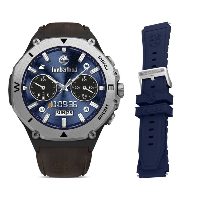 Smartwatch masculino da Timberland com mostrador redondo e duas braceletes acessórias, preta e azul.