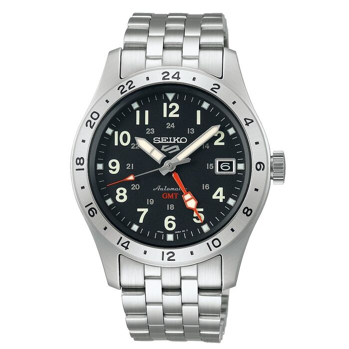 Relógio Seiko de bracelete e caixa prateada e mostrador preto com calendário no índice das 3 horas.