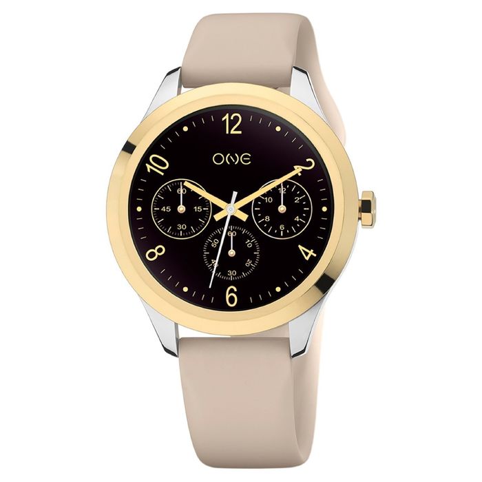 Smartwatch One Mini, modelo feminino com bracelete silicone bege e caixa dourada e prateada.