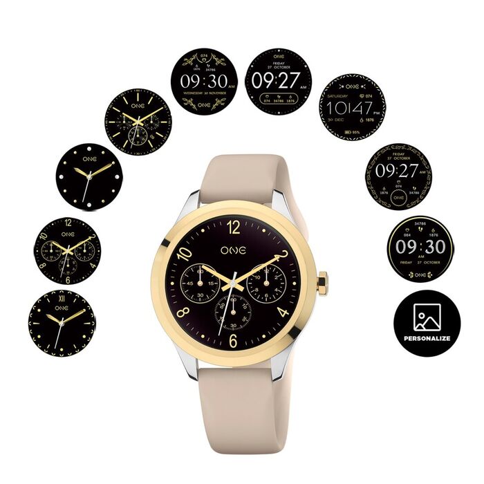 Smartwatch One Mini, com bracelete bege e caixa dourada e prateada, com exemplos de mostradores.