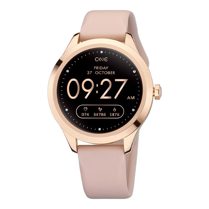 Smartwatch feminino da One Watch Company, com bracelete de silicone rosa e caixa redonda rose gold.