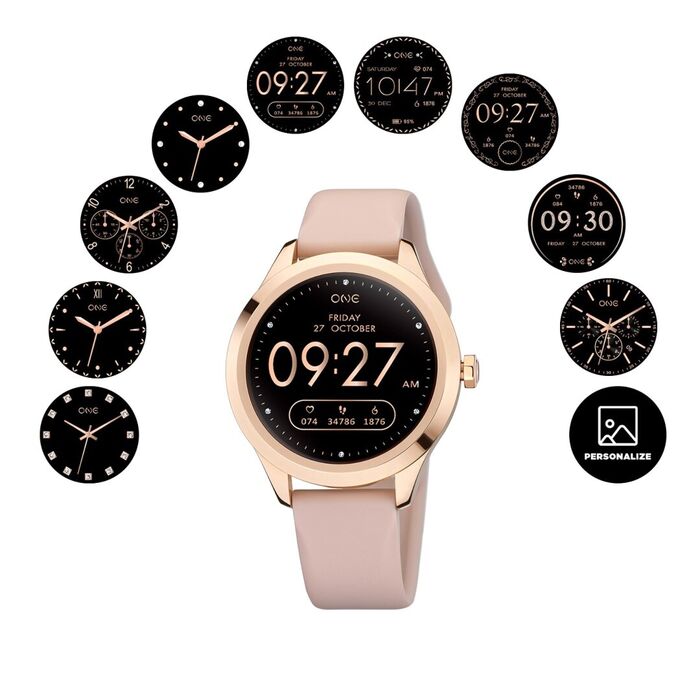 Smartwatch feminino One, com bracelete silicone rosa e caixa rose gold, com versões de mostradores.