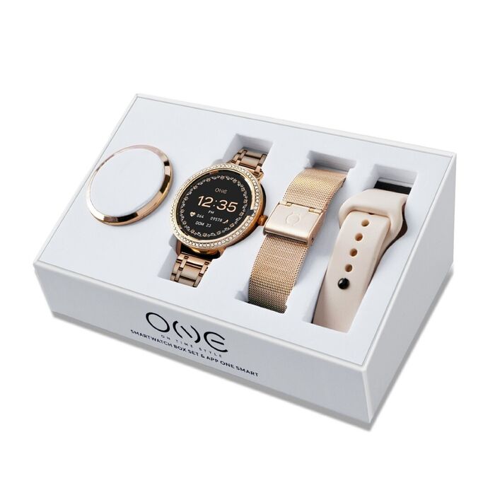 Caixa retangular com modelo de relógio inteligente em aço com braceletes extra, cor rose gold