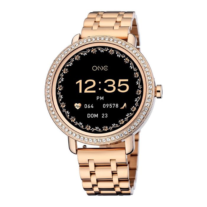 Relógio inteligente One com caixa e bracelete em rose gold e mostrador redondo com pedras à volta