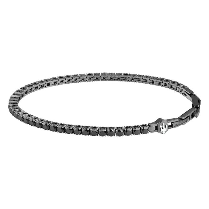 Pulseira tennis com pedras negras sequenciais e fecho metálico com emblema