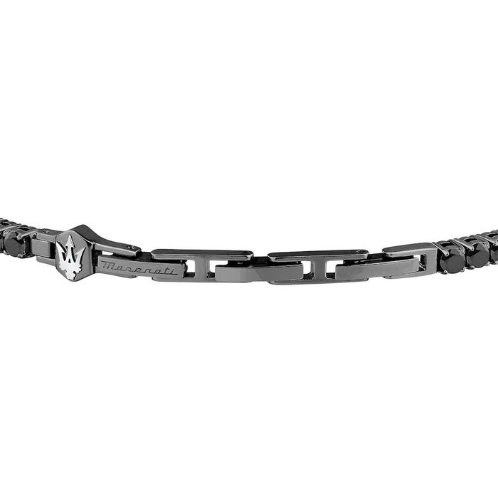 Pulseira preta com elos metálicos, fecho com tridente Maserati e inscrição Maserati