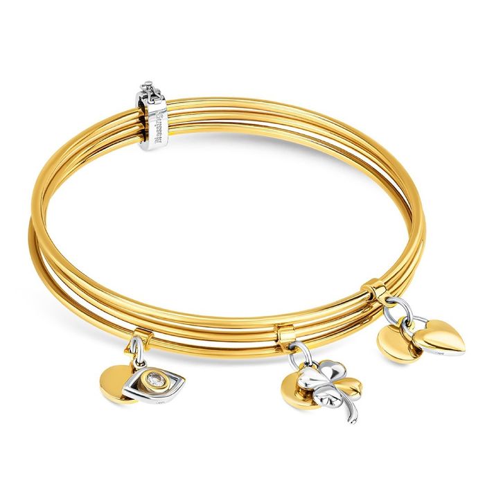 Conjunto feminino de 3 escravas em aço douradas com pendentes trevo, coração e olho turco