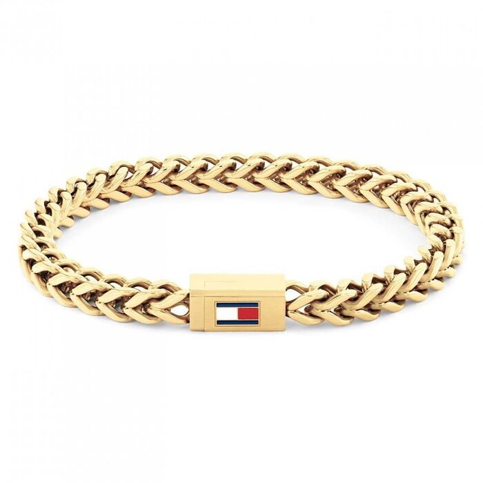 Pulseira Tommy Hilfiger para homem em aço dourado com símbolo no fecho.
