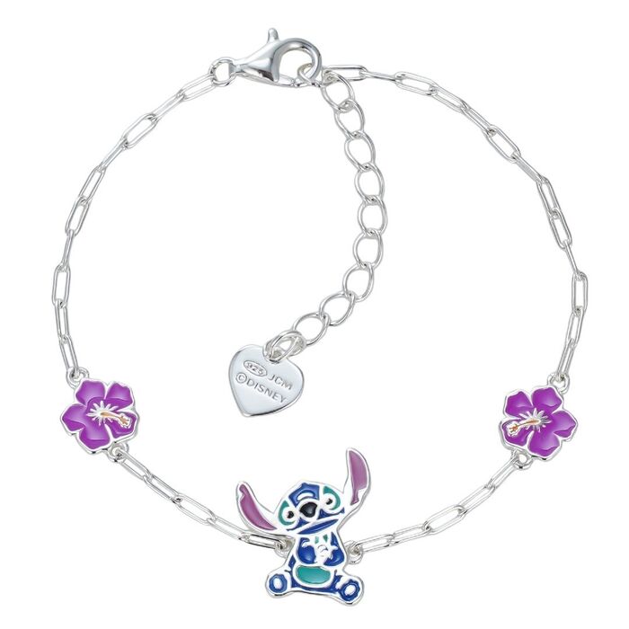 Pulseira de criança em prata com duas flores roxas e a figura do stitch em azul no centro