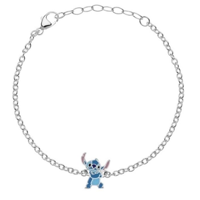 Pulseira de prata de criança com figura do Stitch em azul no centro, malha de cor prateada