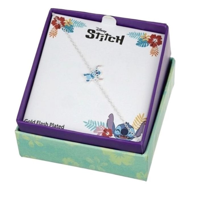 Caixa quadrada com pulseira de prata com figura do Stitch em azul no centro, malha de cor prateada