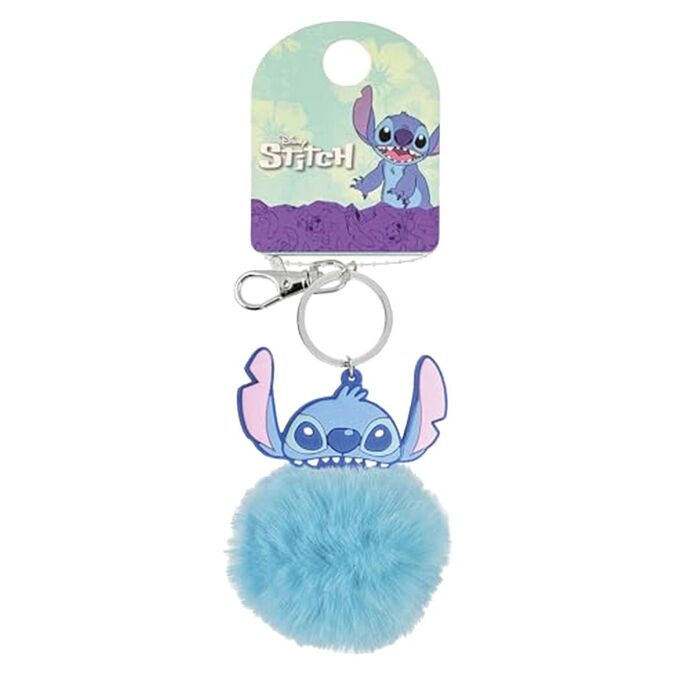 Porta‑chaves com cabeça do Stitch azul e pompom felpudo azul, argola e fecho metálico