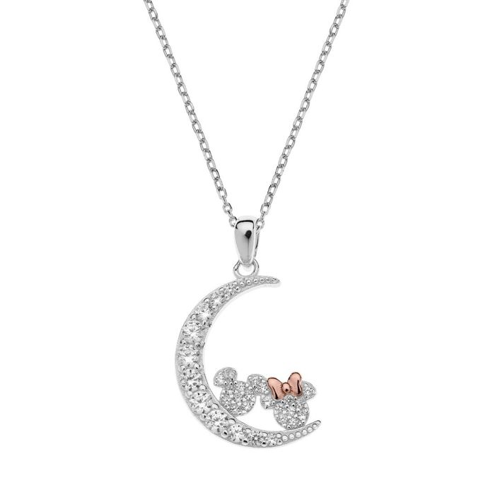 Colar prateado com pendente em forma de lua com silhueta da face da minnie e do mickey sob lua
