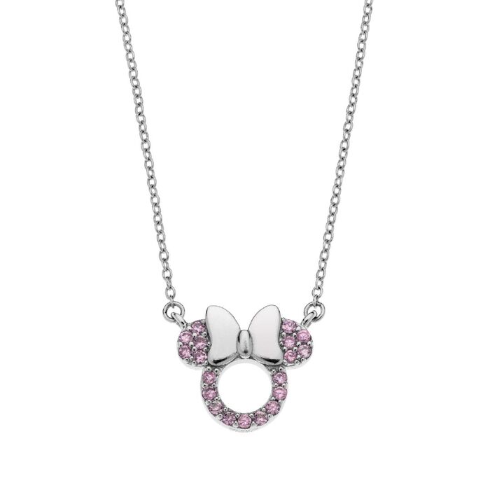 Colar prateado com pendente de silhueta da face da minnie, cravada com pedras rosa e laço prateado