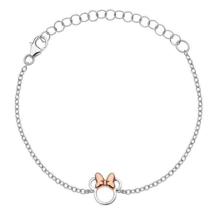 Pulseira prateada com adorno da silhueta da minnie no centro, recortada com laço rose gold