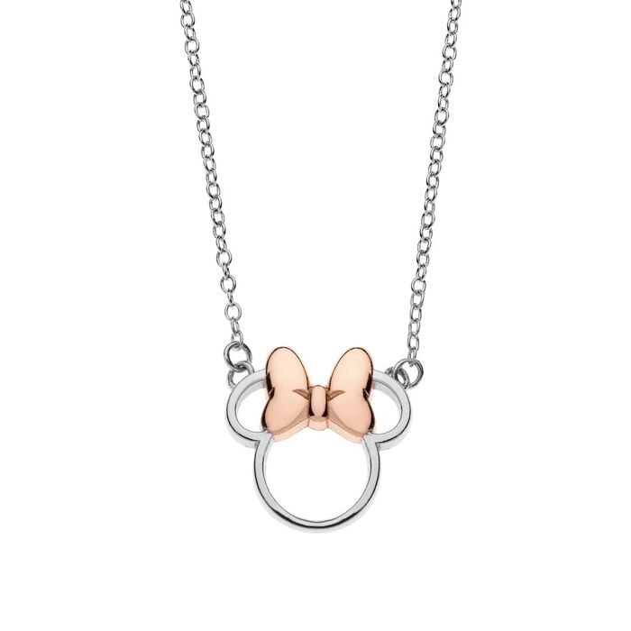 Colar prateado com pendente em forma de Minnie com silhueta recortada e laço rose gold