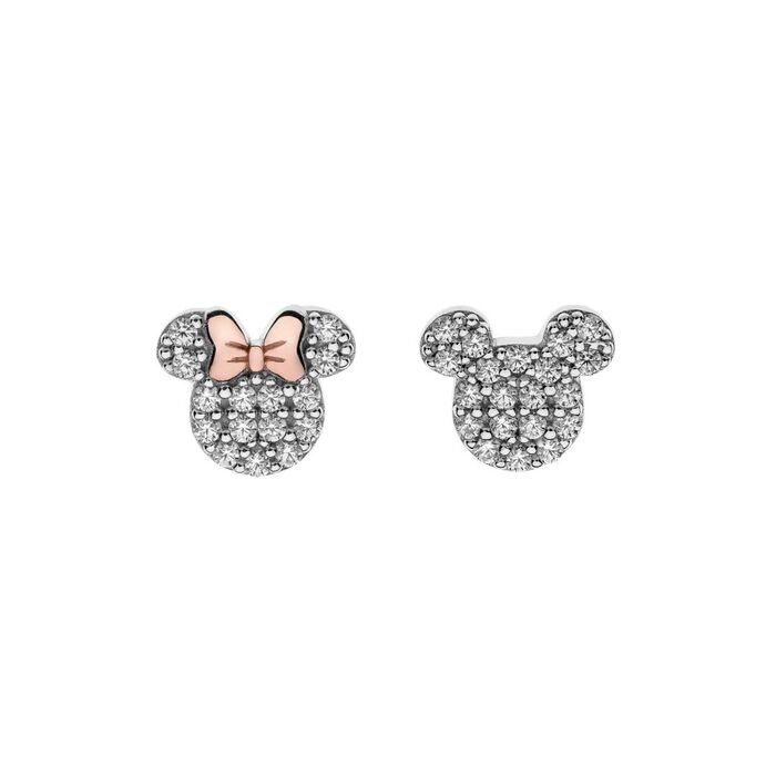 Par de brincos prateados de formato cara da minnie e mickey, com pedras cravadas em todo o brinco