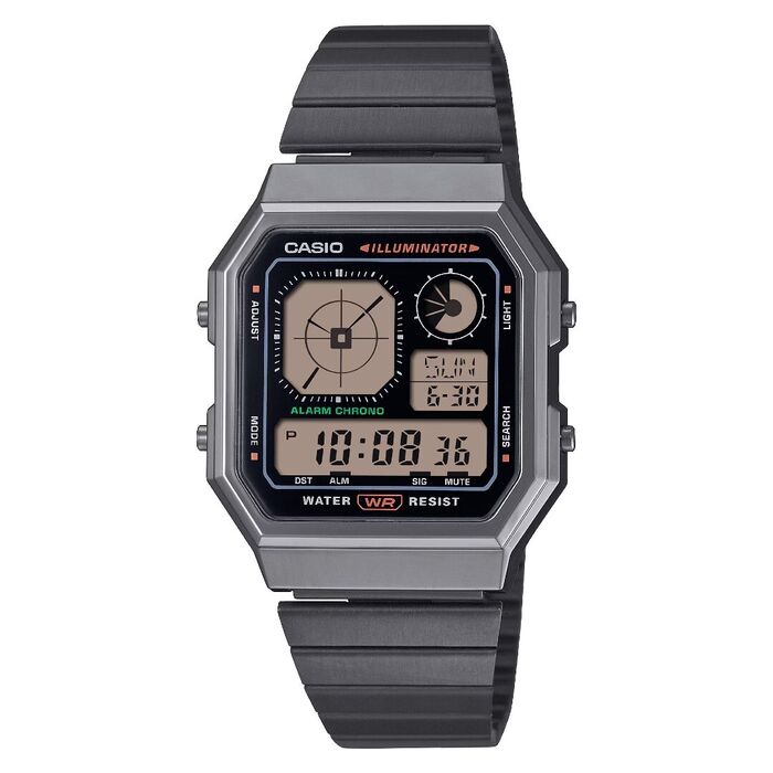 Relógio vintage digital Casio com design retro moderno e acabamento em aço elegante.