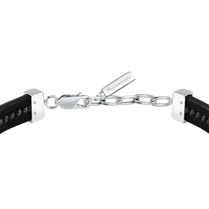 Fecho de pulseira em couro preto com corrente e etiqueta metálica com gravura Maserati