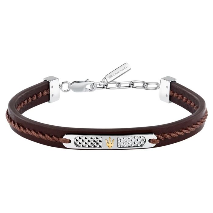 Pulseira castanha com tira trançada, placa prateada com emblema dourado e fecho de lagosta.