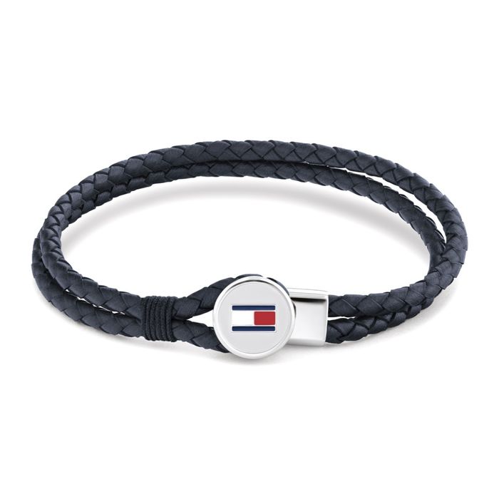 Pulseira Tommy em couro genuíno azul entrelaçado com aço no fecho.