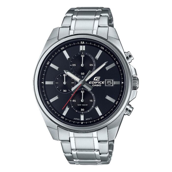 Casio Edifice com bracelete em aço e mostrador preto com calendário e cronógrafo.