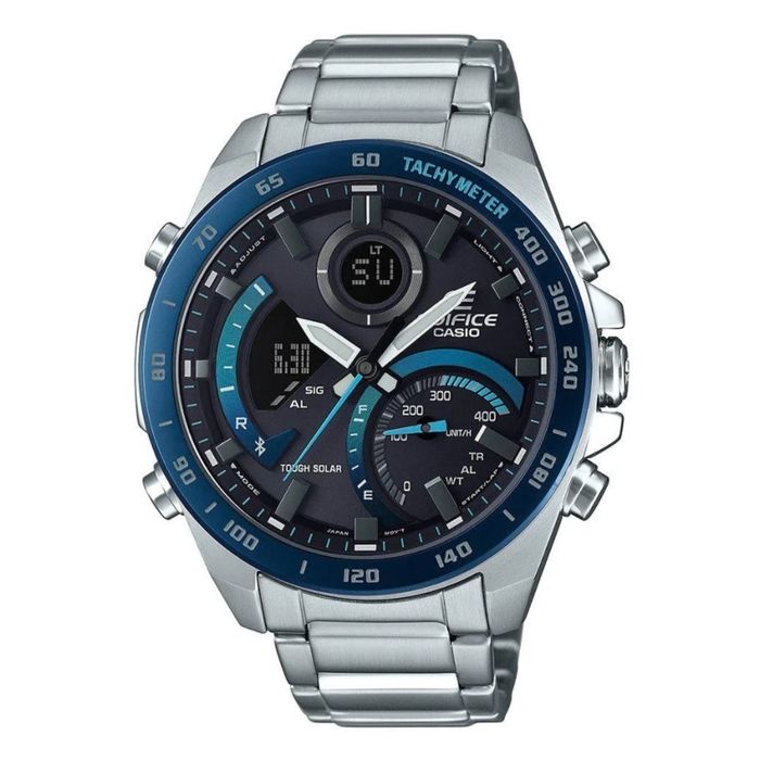 Relógio Casio Edifice com bracelet em aço e mostrador azul com multifunções.