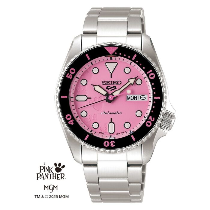 Relógio Seiko da edição da Pantera cor-de-rosa automático com mostrador rosa.